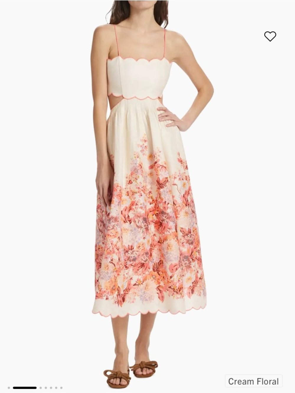 Zimmermann Devi Scallop Cut-Out Linen Midi Dress Cream Floral 2 / US 8